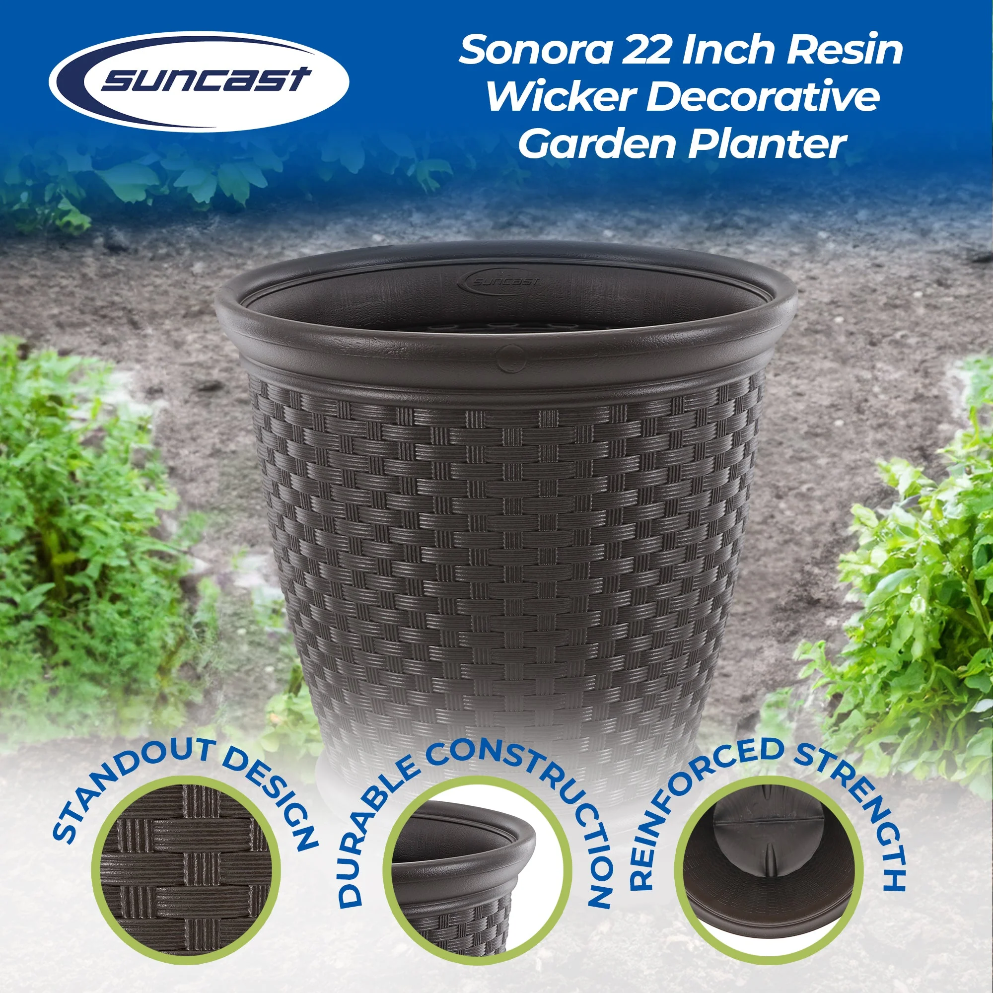 Suncast Sonora 22 Inch Resin Wicker Decorative Garden Planter, Java (2 Pack) - Image 2