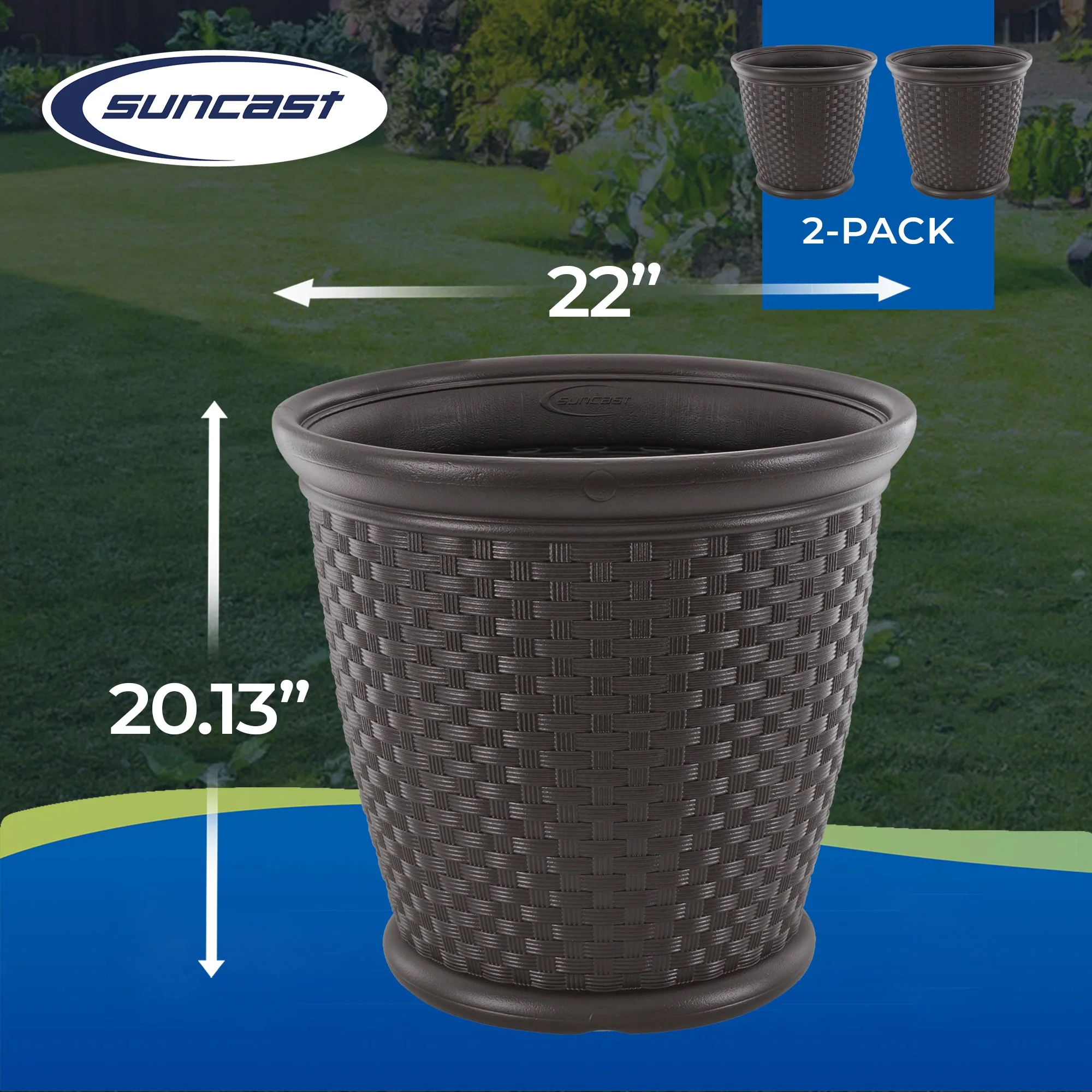 Suncast Sonora 22 Inch Resin Wicker Decorative Garden Planter, Java (2 Pack) - Image 3