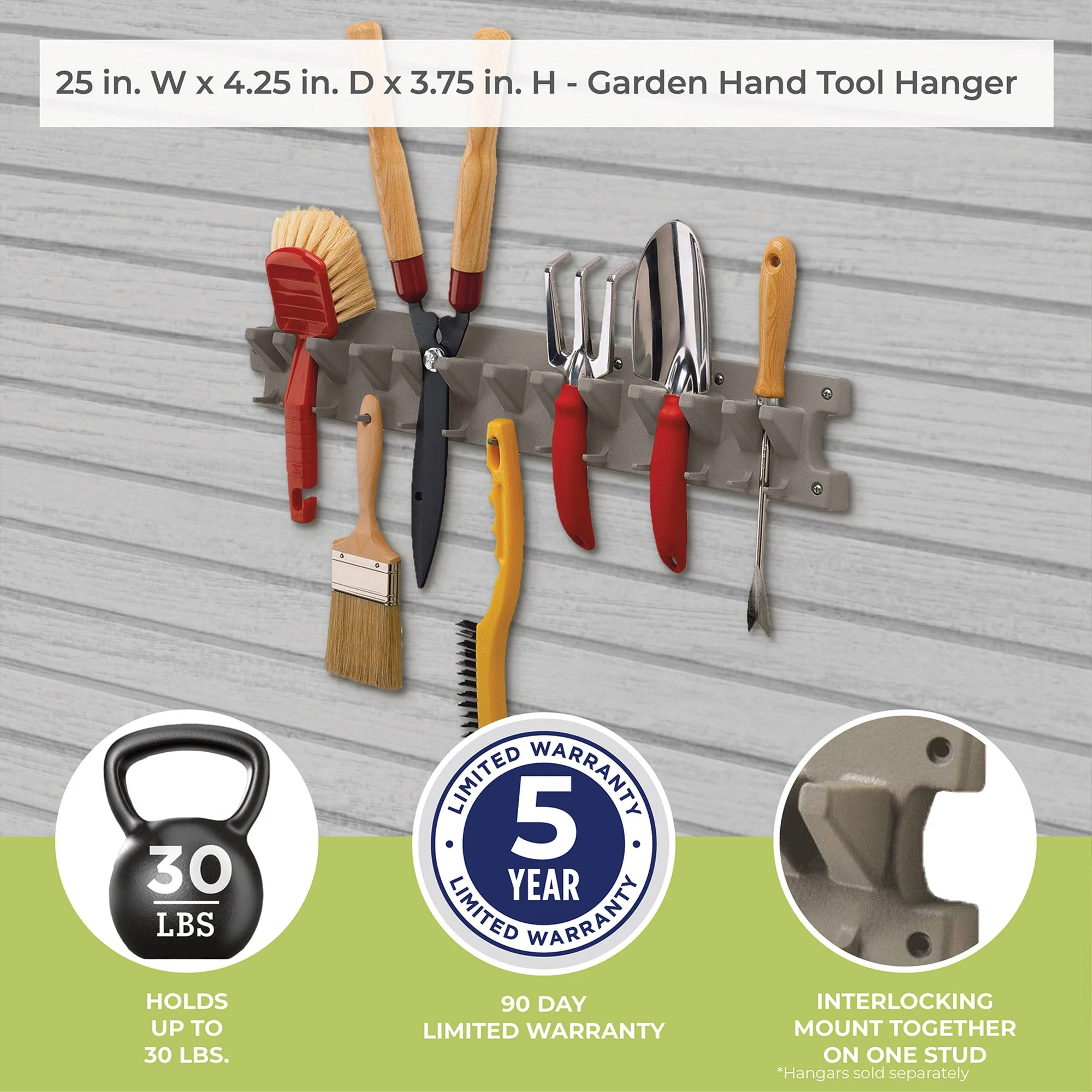Suncast V713 2 Foot Wall Mounted Garage Garden Hand Tool Organizer, Platinum - Image 7