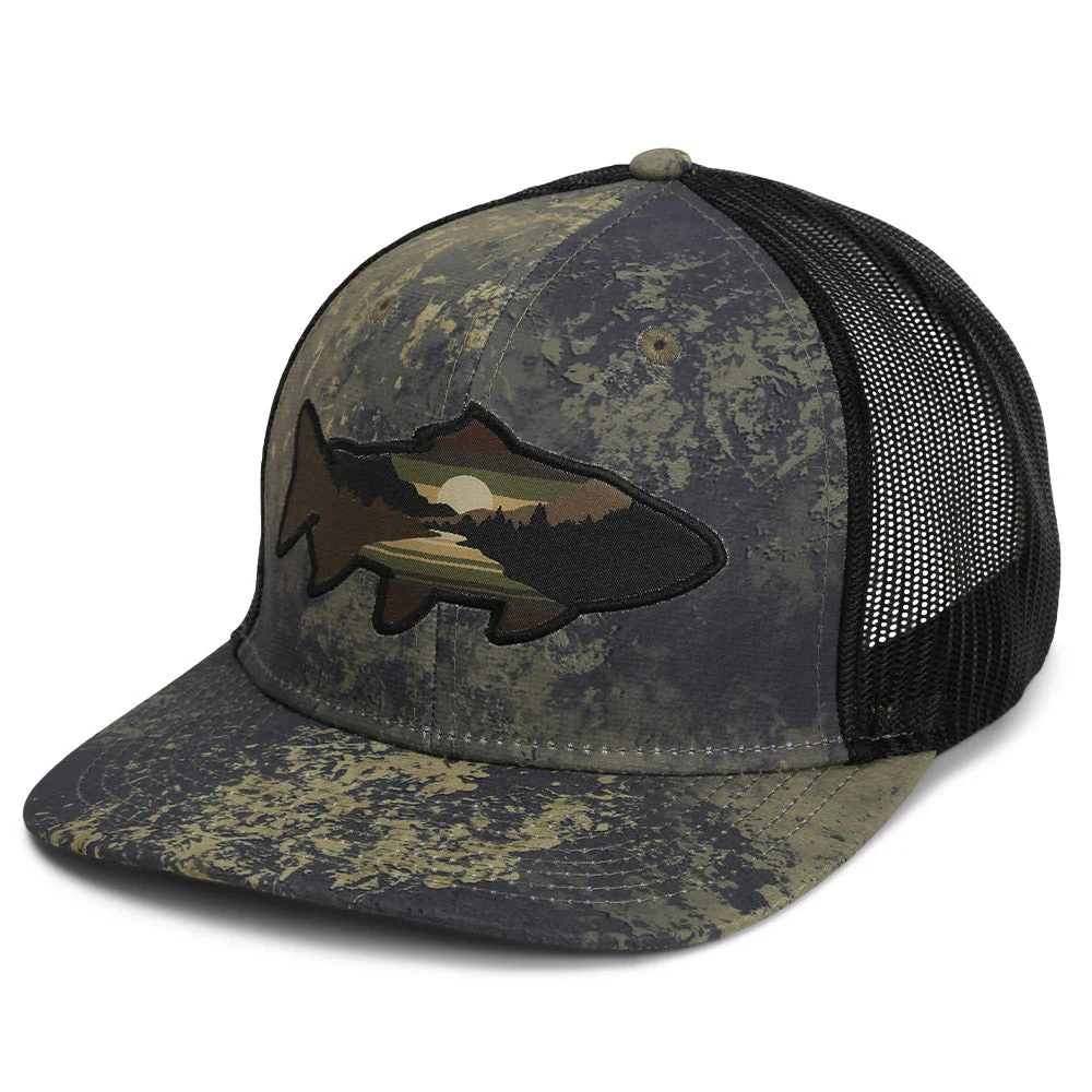 Sunset Trout Fly Fishing Mesh Back Hat Fish Mountain Silhouette - Image 2