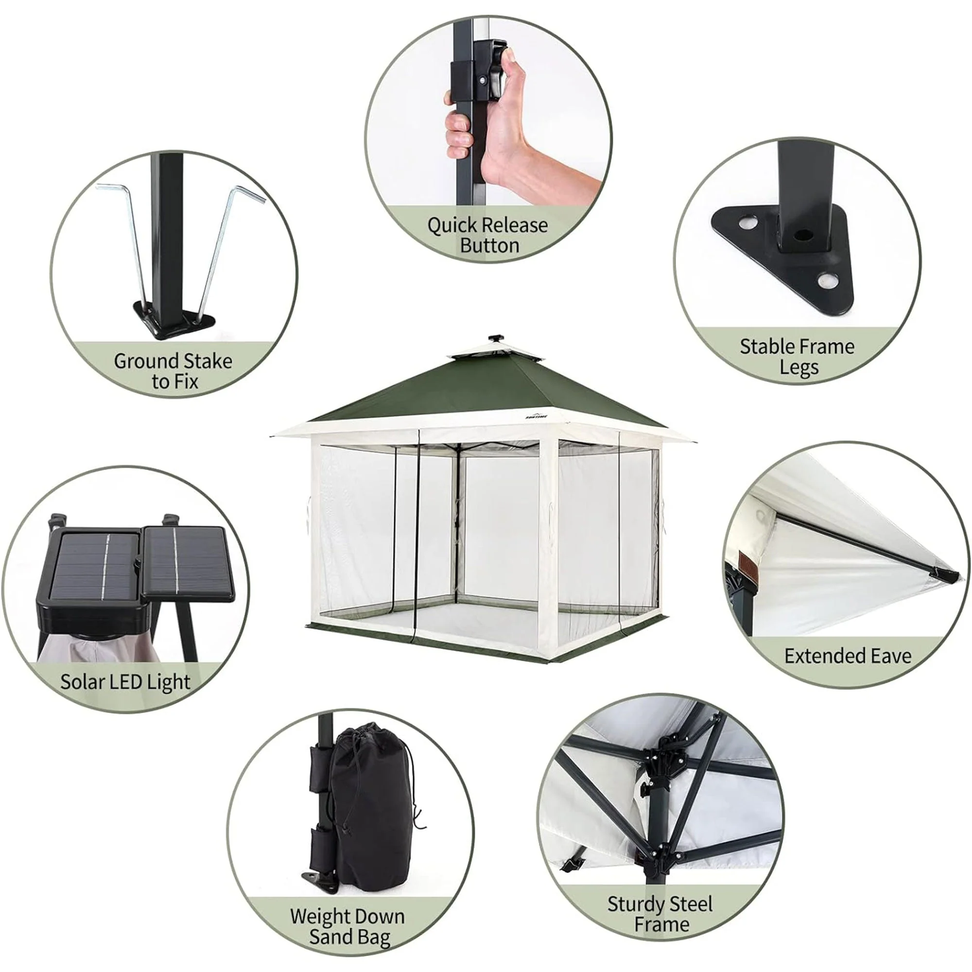 Suntime 12x12 Instant Pop Up Gazebo Solar Light Screen Canopy Tent Cover, Green - Image 4