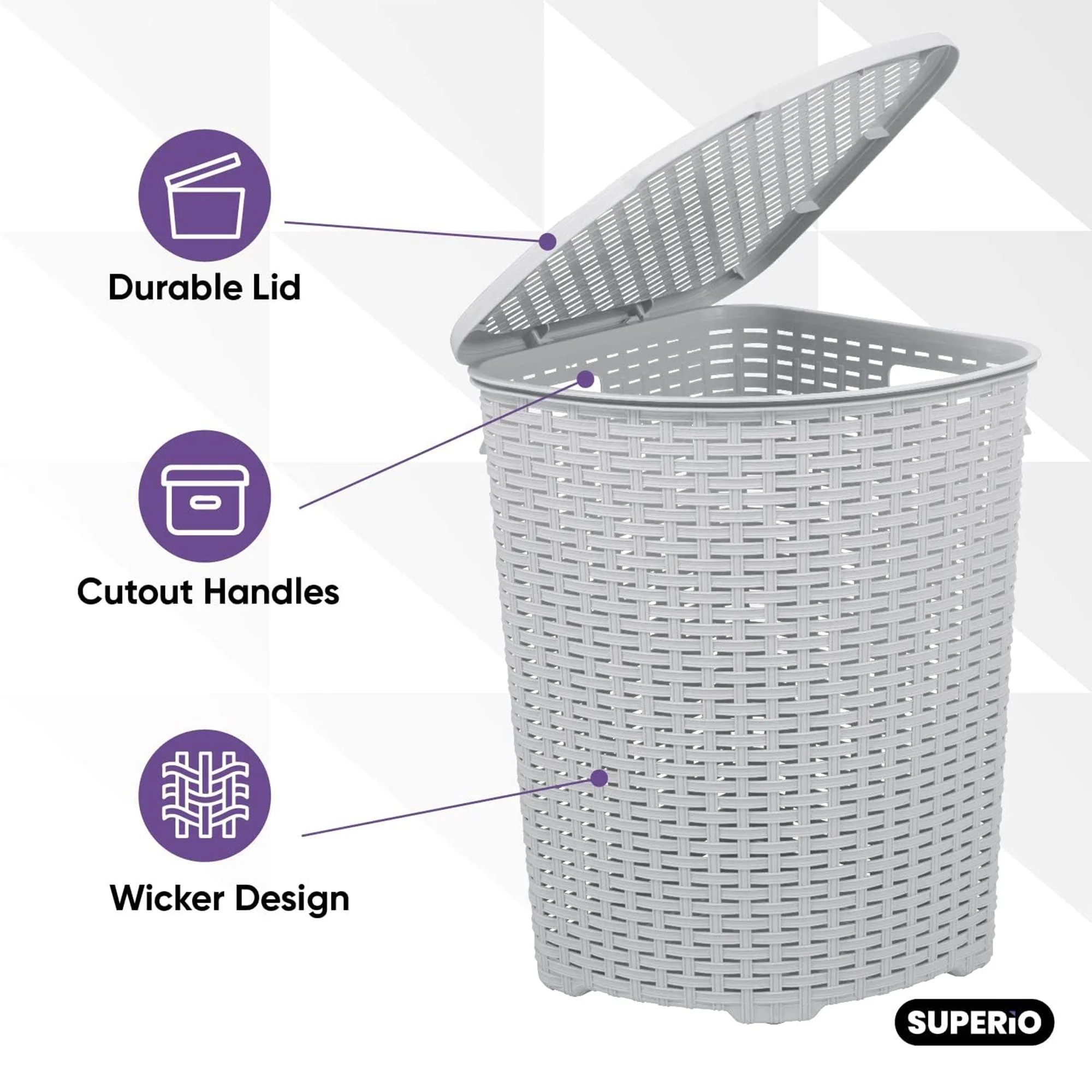 Superio 52 Liter Wicker Design Corner Laundry Hamper with Lid and Handles, White - Image 3
