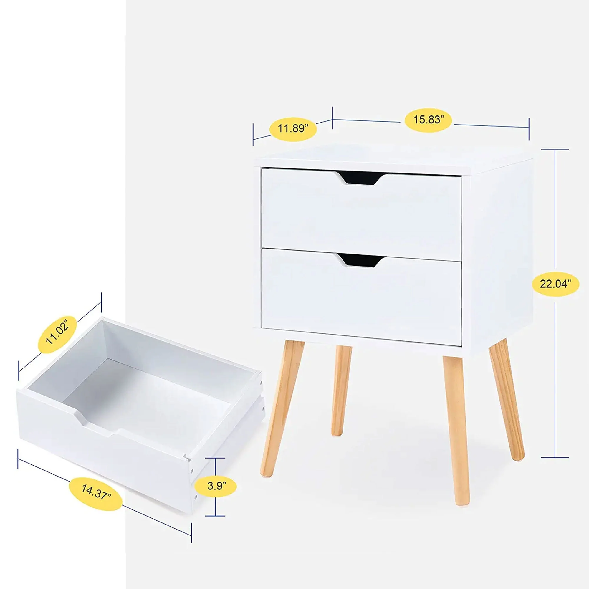 Sweetgo Modern Wooden Nightstand End Side Table with 2 Storage Drawers, White - Image 7