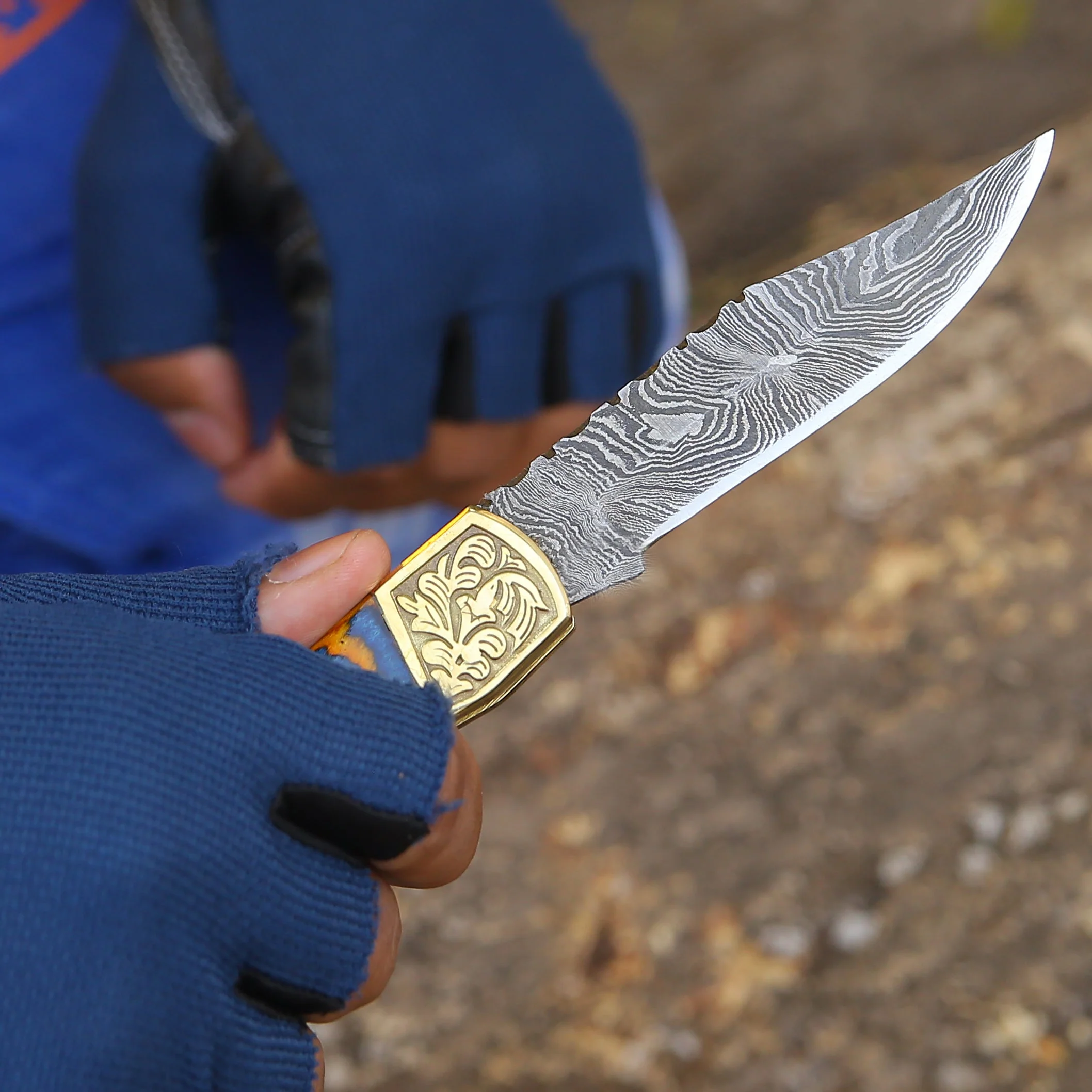 Thundersteel Handmade Damascus EDC Folding Knife with Leather Sheath & Pakkawood Handle - Image 3