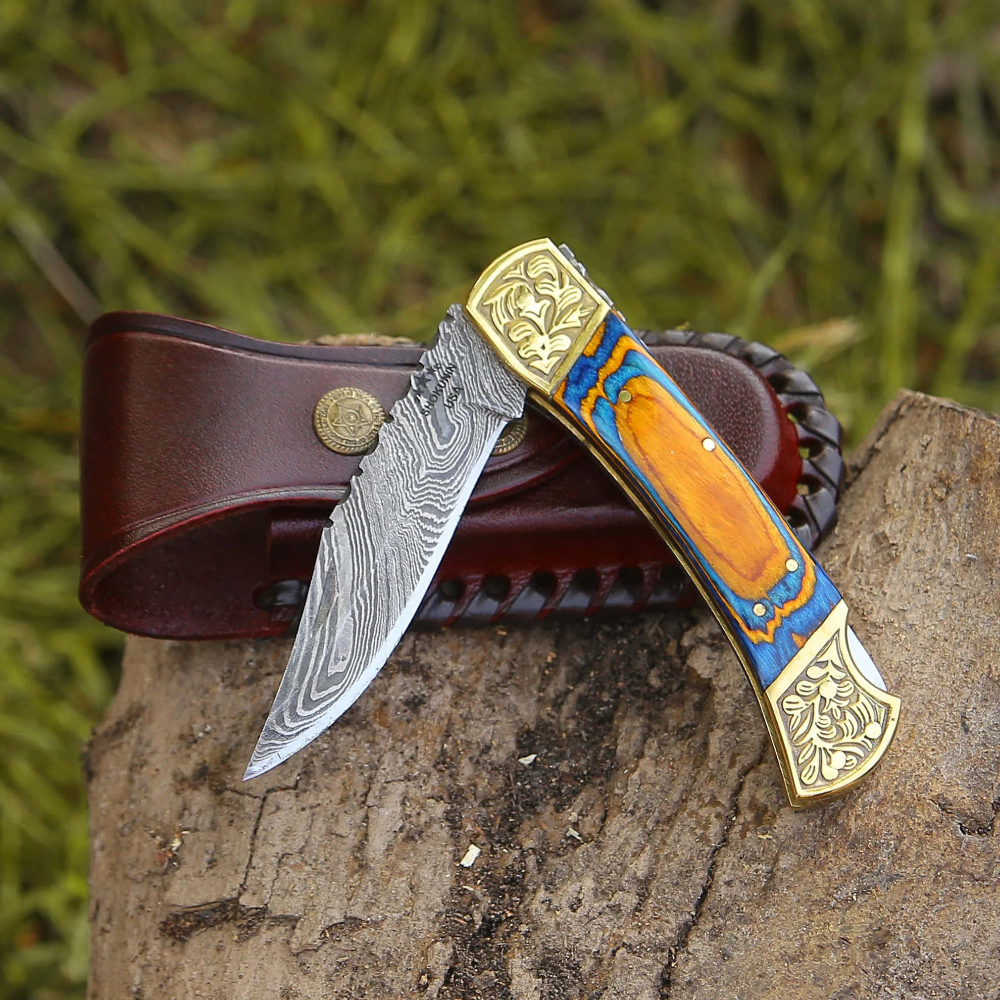 Thundersteel Handmade Damascus EDC Folding Knife with Leather Sheath & Pakkawood Handle - Image 7