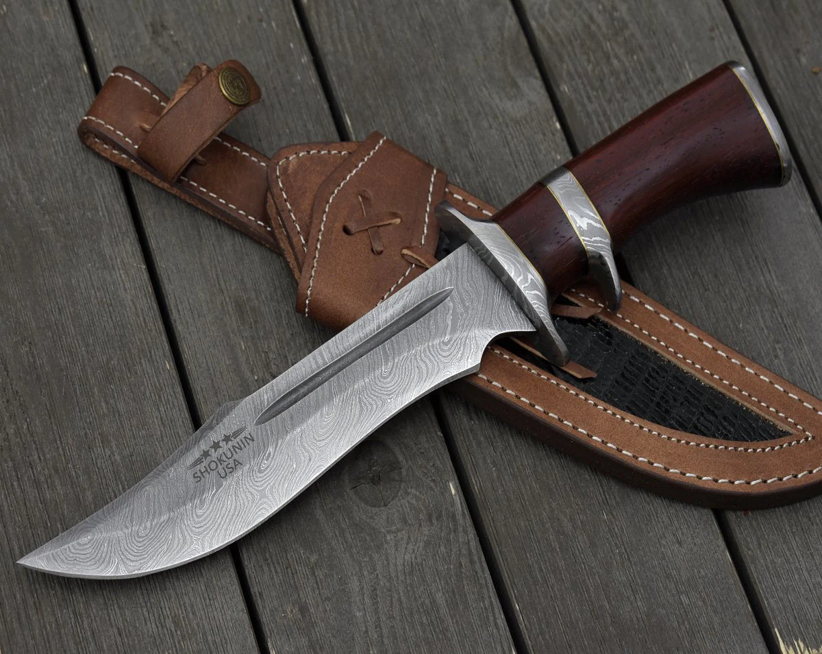 Tide Damascus Bowie Knife with Exotic Red Heart Wood Handle & Sheath - Image 4