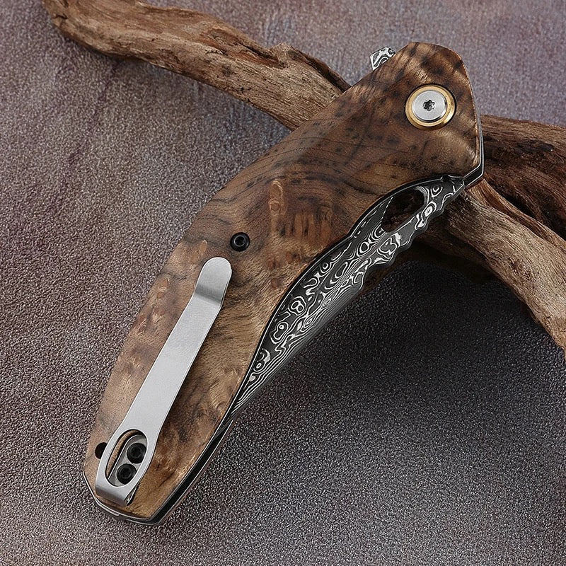 Tomahawk Damascus Pocket Knife with Clip and Exotic Olive Wood Handle - Image 6