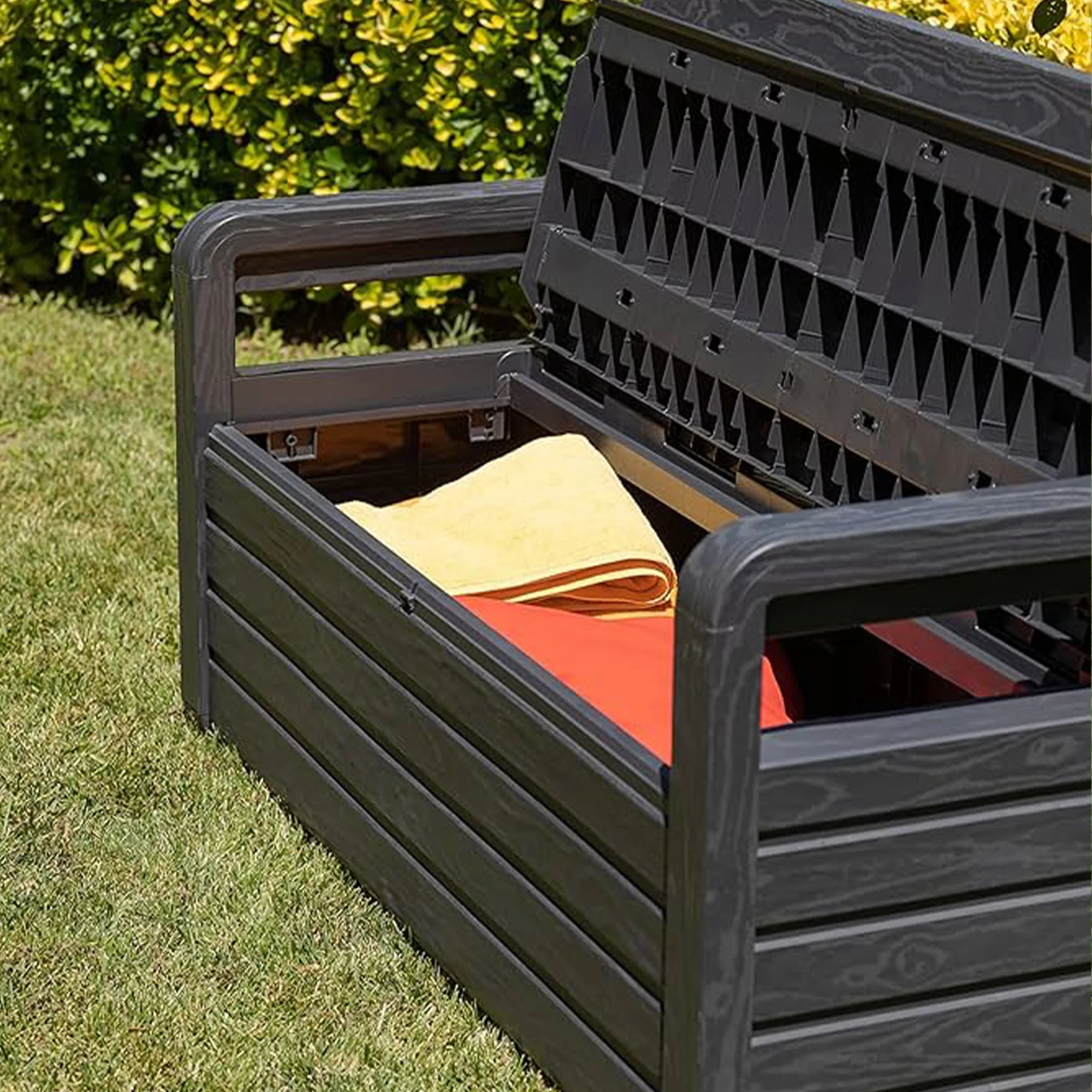 Toomax Foreverspring 70 Gallon Outdoor Deck Storage Box Chest Bench, Dark Gray - Image 9