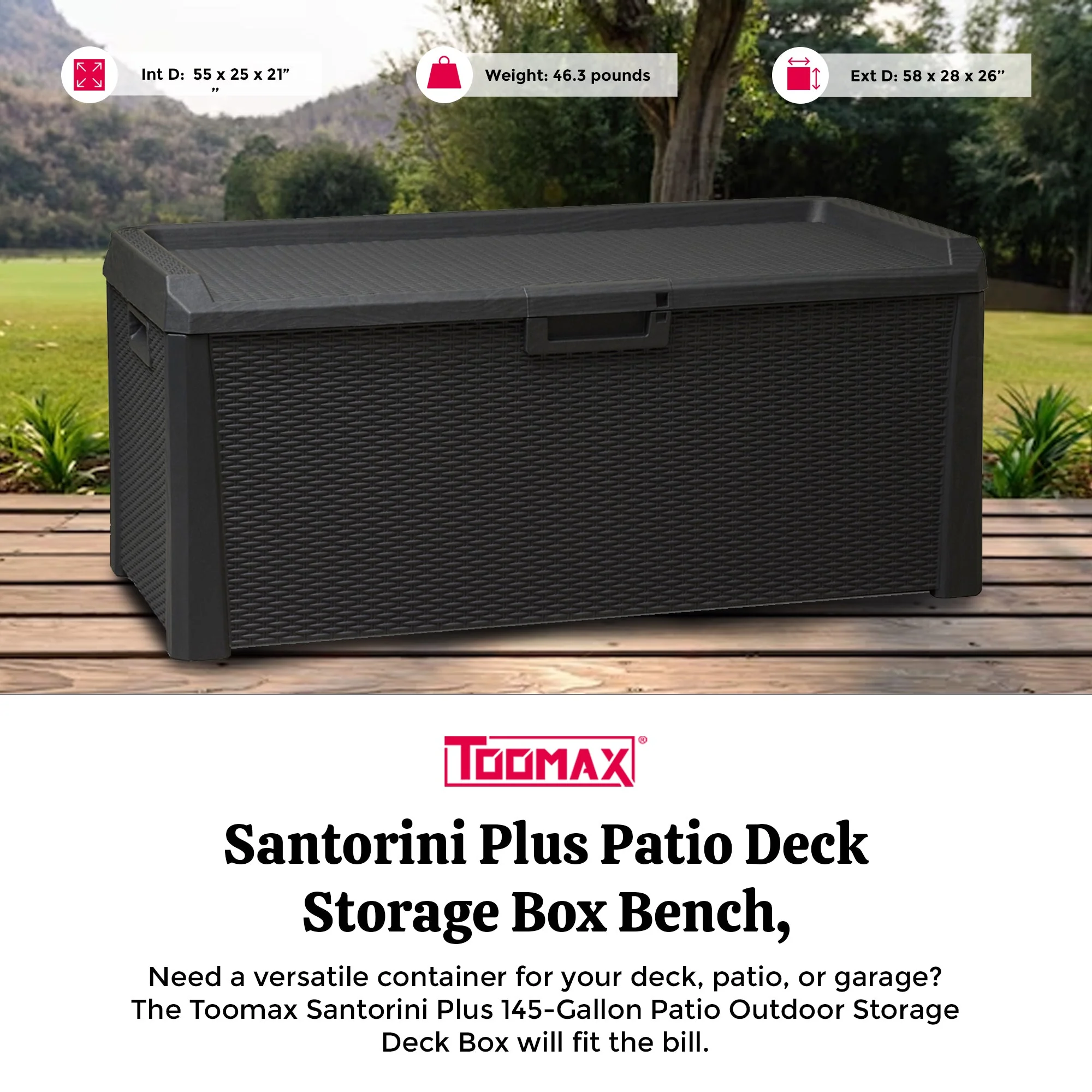 Toomax Santorini Plus Patio Deck Storage Box Bench, 145 Gallon (Anthracite) - Image 6