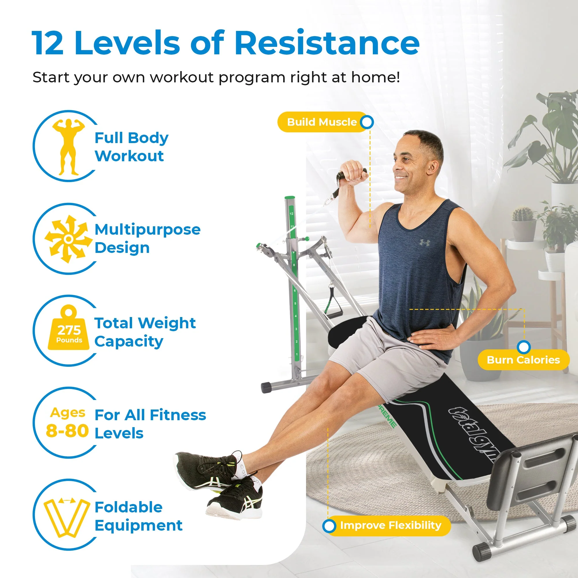 Total Gym Supreme Home Gym with Ab Crunch, Tri Grip Shaper Bars, and Squat Stand - Image 2
