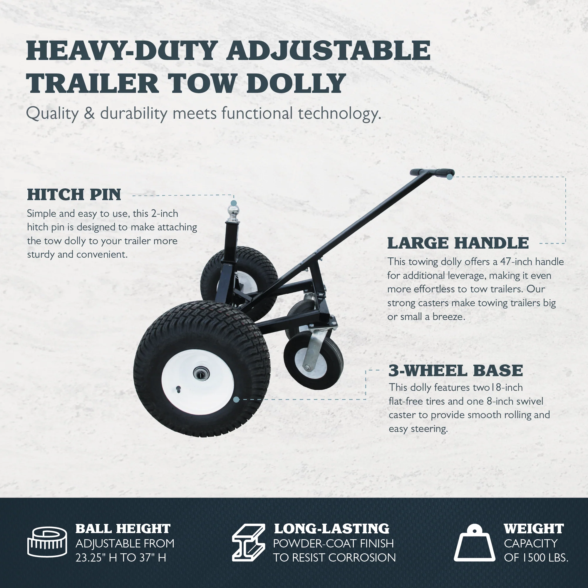 Tow Tuff TMD-15002C Adjustable Steel 1500 lb Heavy Duty Trailer Dolly w/ Caster - Image 5