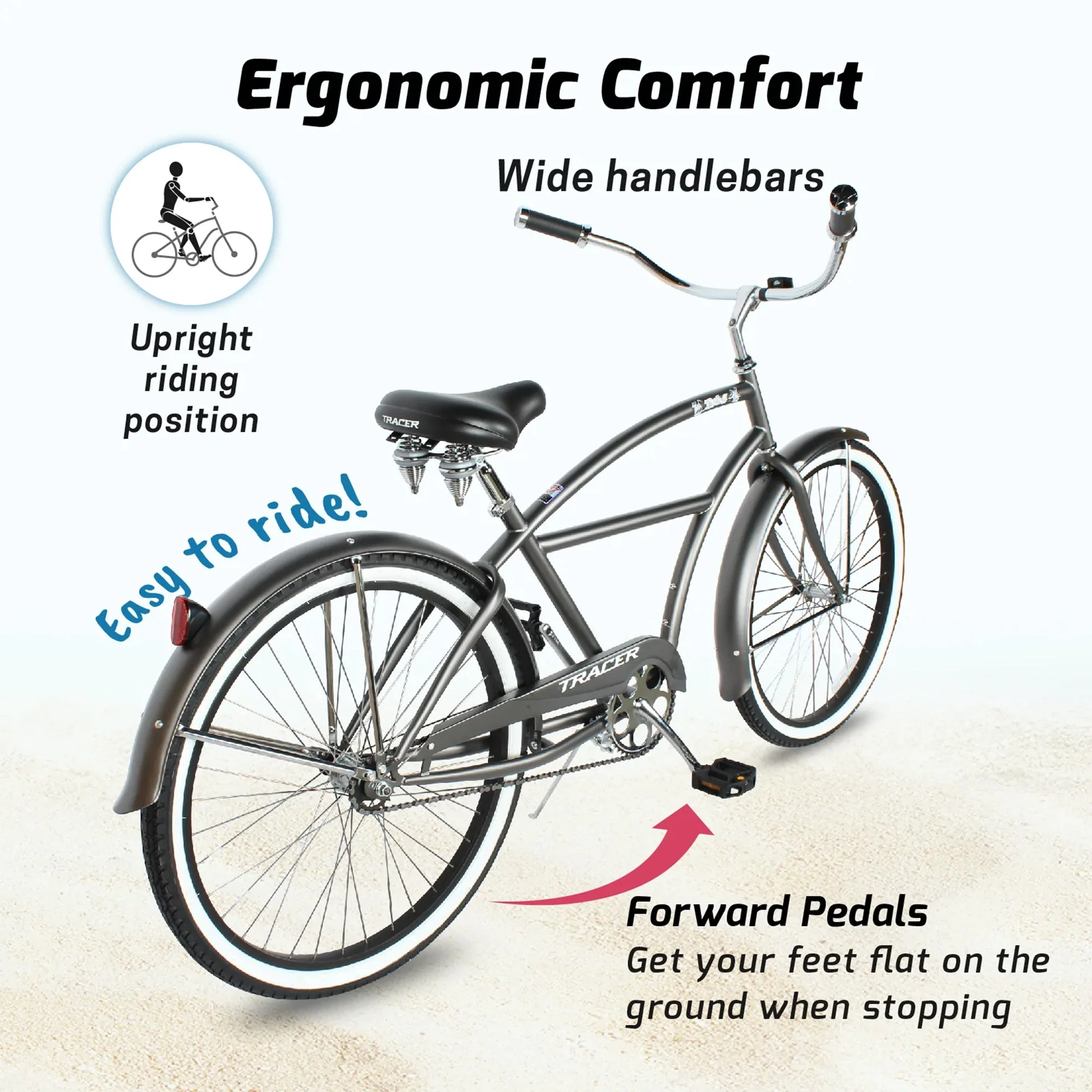TRACER Taha 26 Inch Beach Cruiser 7 Speed Steel Frame Men's Bicycle, Matte Grey - Image 4