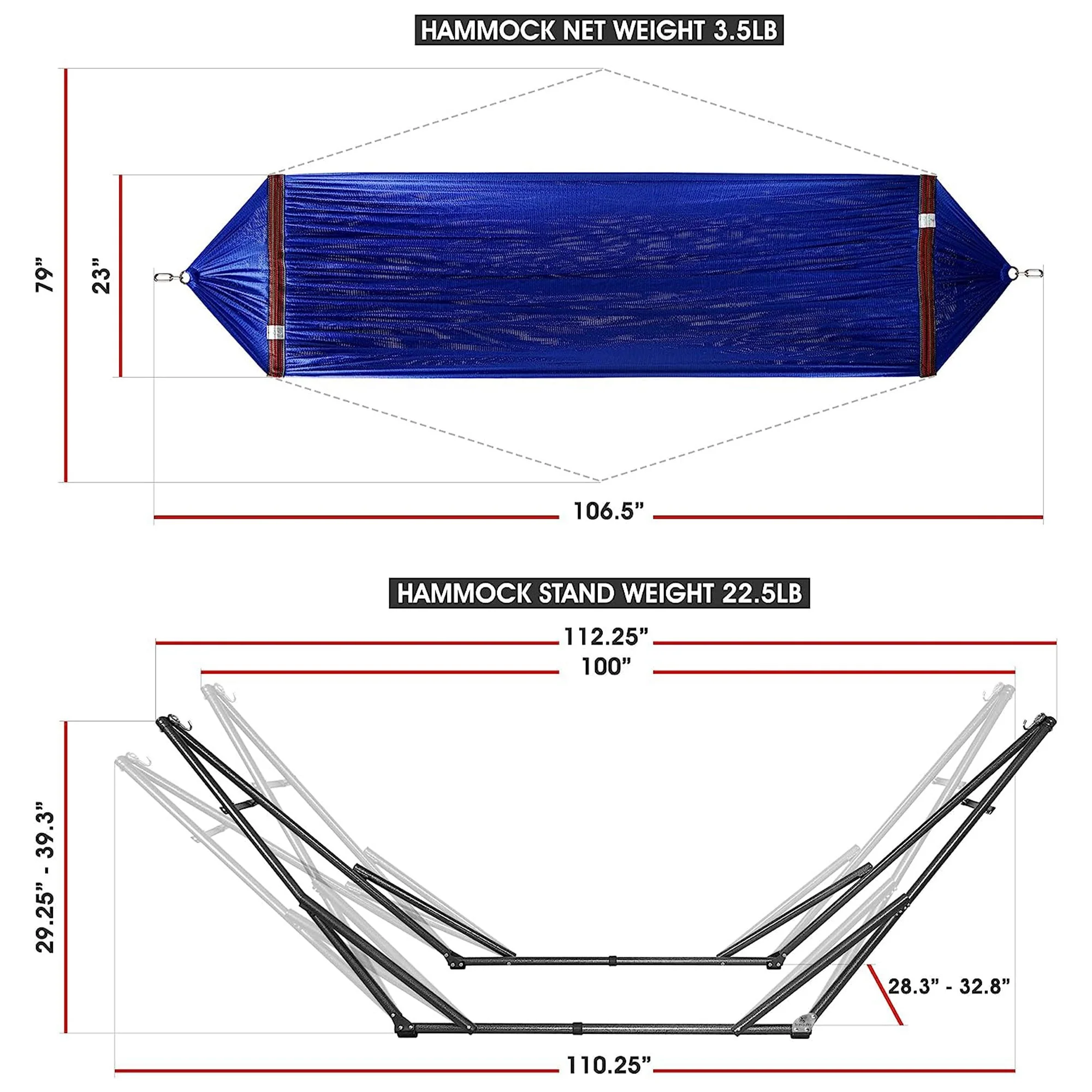 Tranquillo Universal 106.5" Double Hammock with Adjustable Stand and Bag, Blue - Image 7