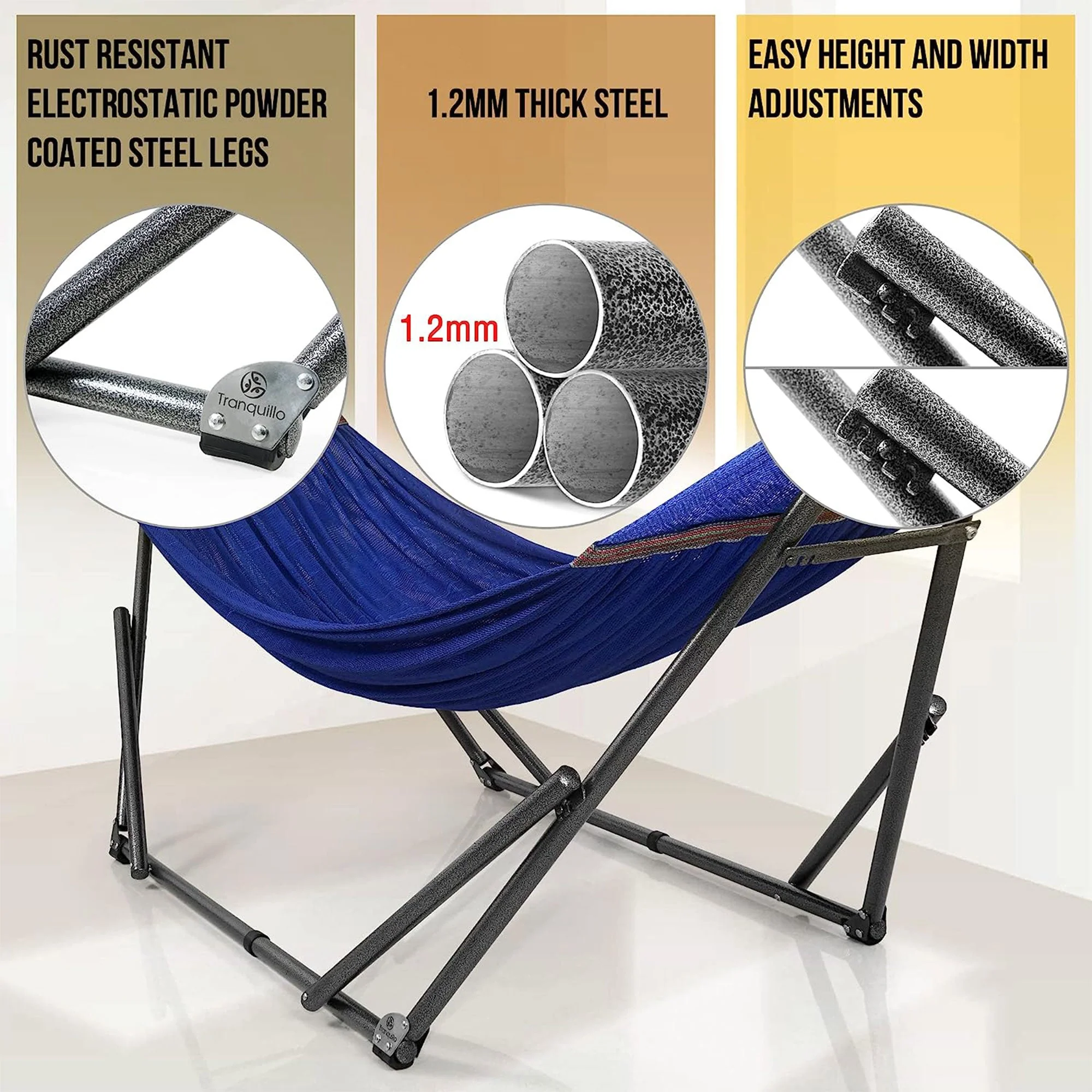 Tranquillo Universal 106.5" Double Hammock with Adjustable Stand and Bag, Blue - Image 9