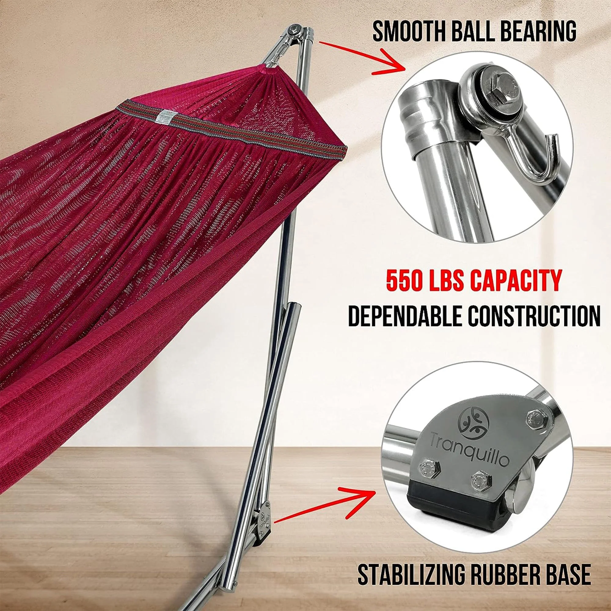 Tranquillo Universal 106" Double Hammock with Adjustable Stand and Bag, Red - Image 4