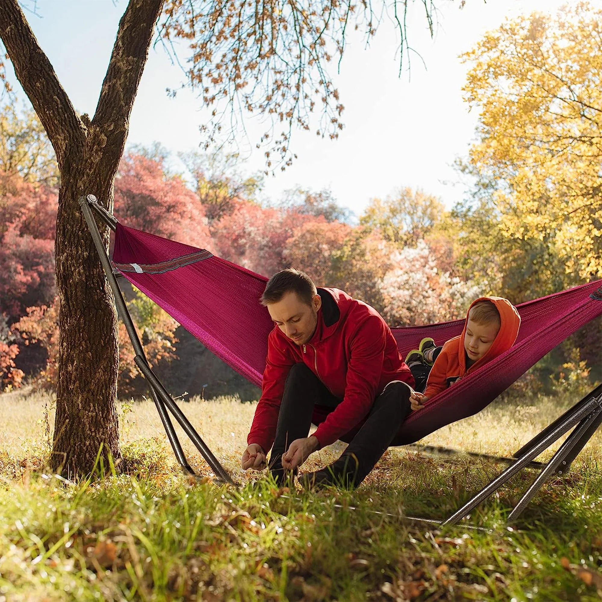 Tranquillo Universal 116" Double Hammock with Adjustable Stand and Bag, Red - Image 11