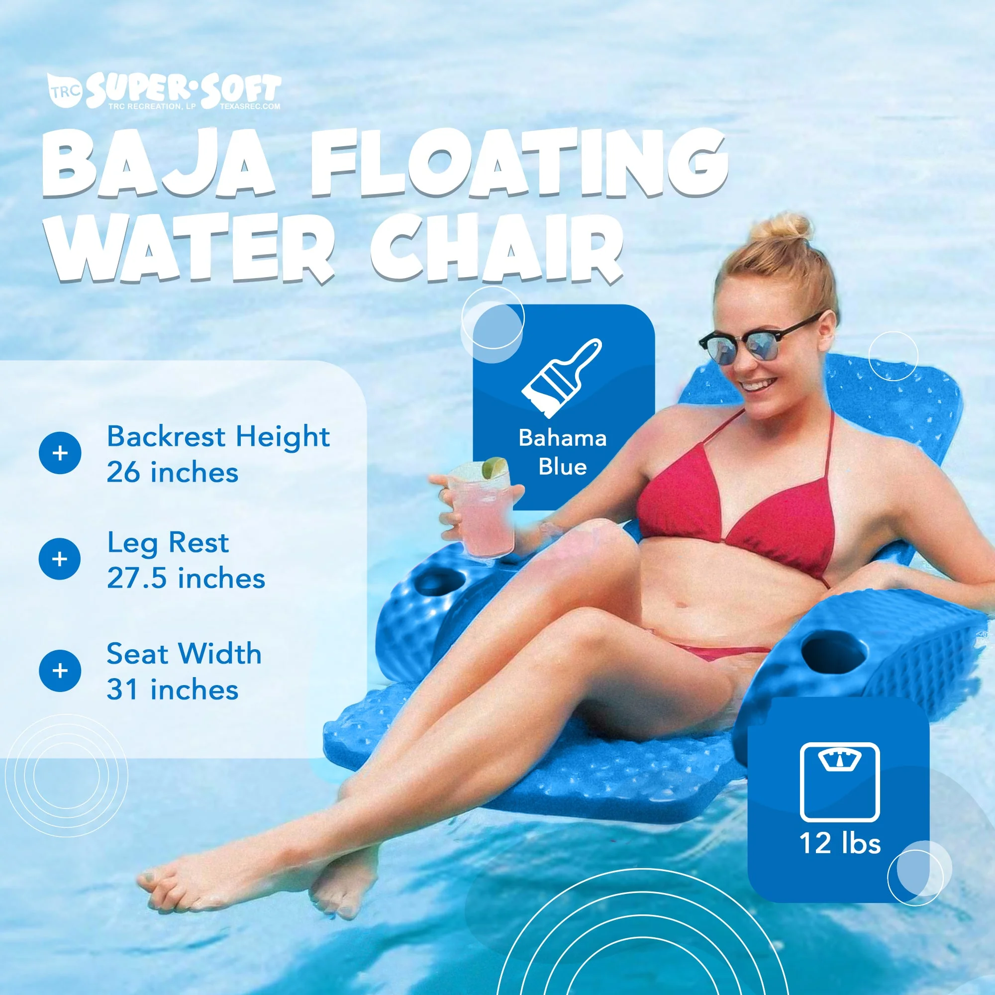 TRC Recreation Folding Baja Chair Swimming Pool Float Armchair, Bahama Blue - Image 2