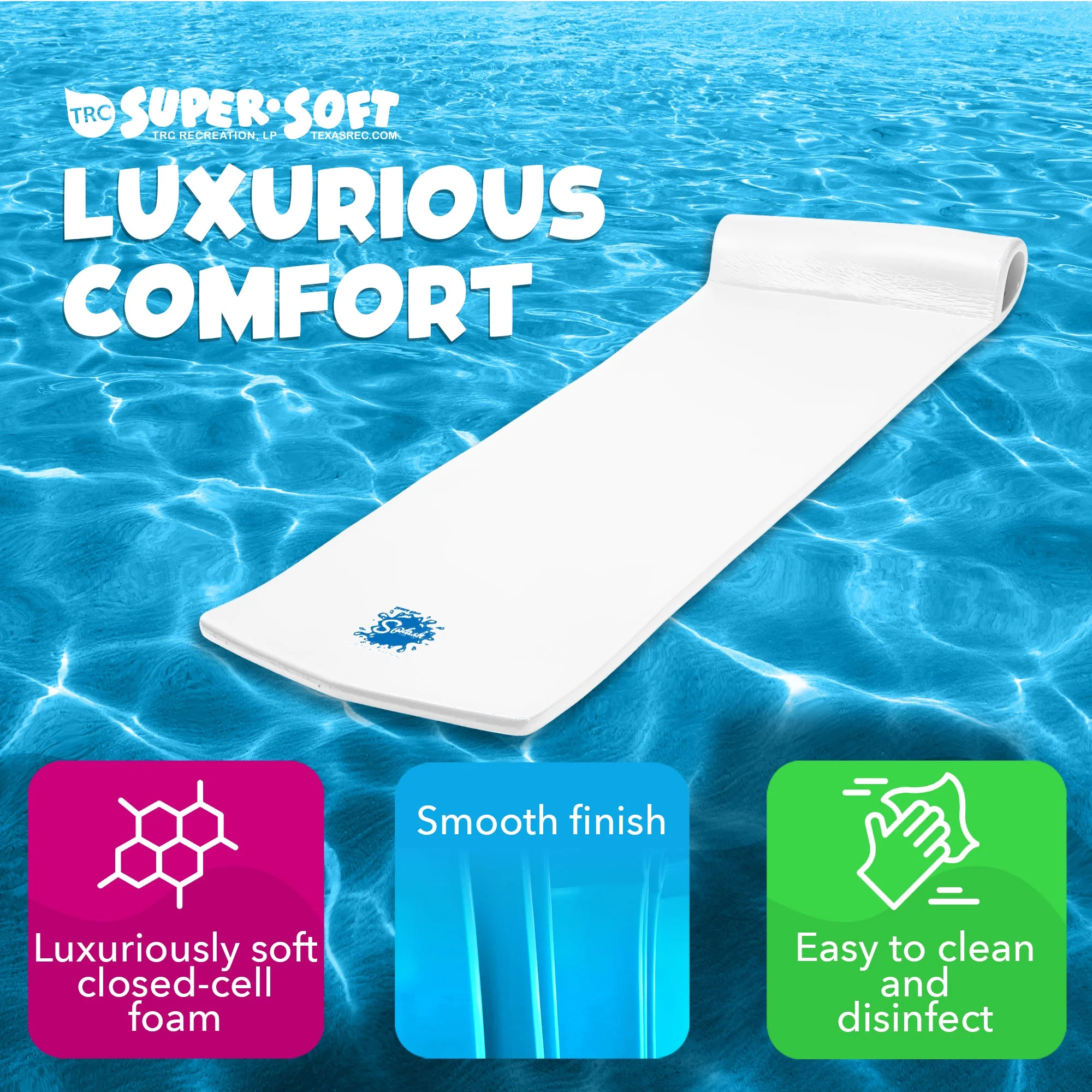 TRC Recreation Splash 1.25" Thick Foam Swimming Pool Float Lounger Mat, White - Image 3