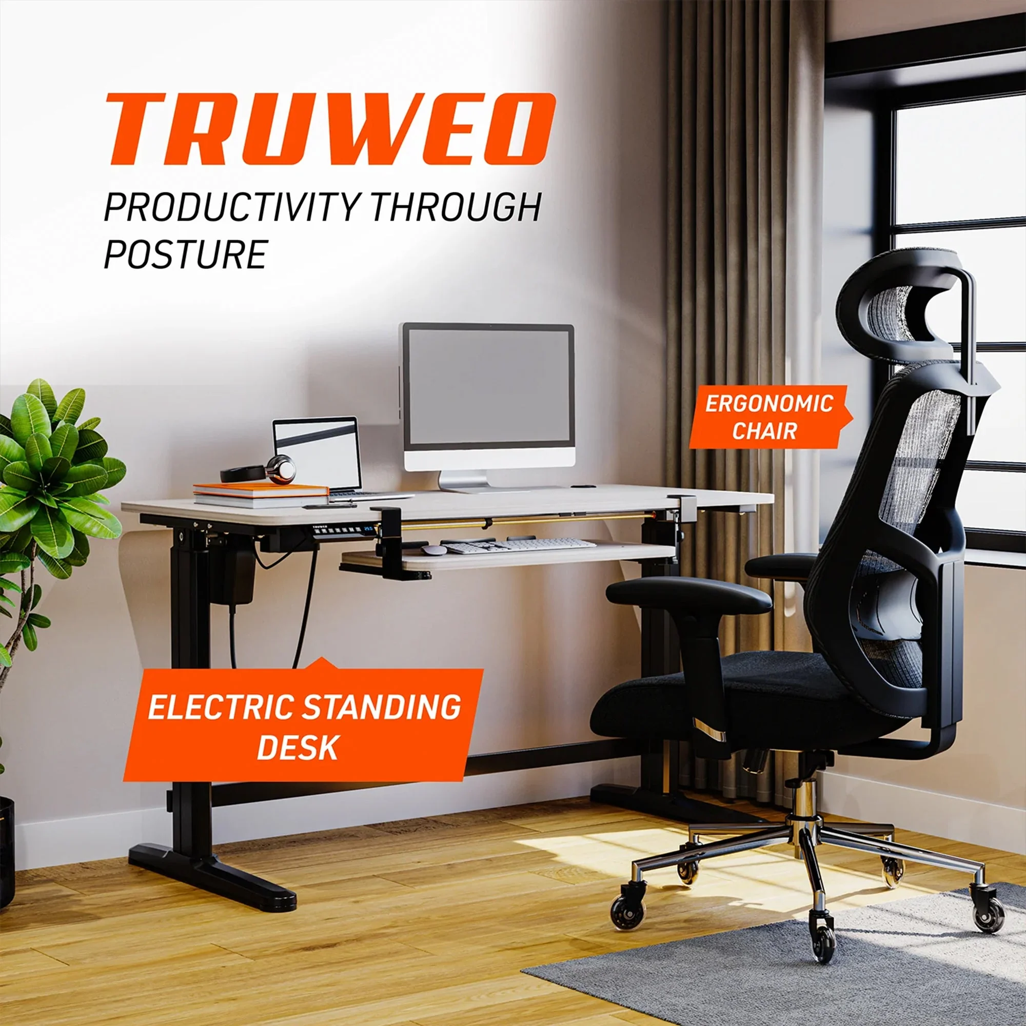Truweo Adjustable Electric Standing Desk Tabletop w/Sliding Keyboard Tray, Gray - Image 10