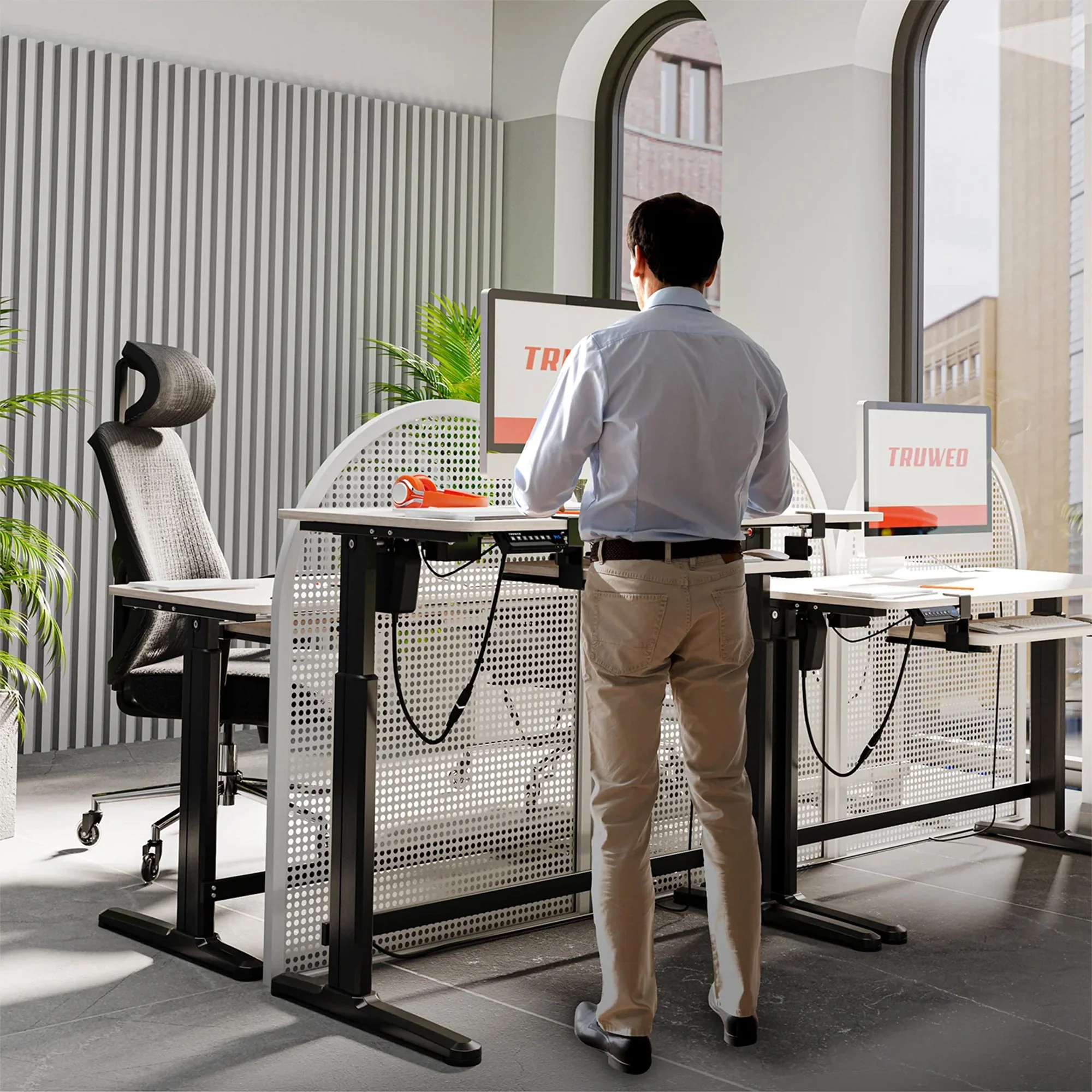 Truweo Adjustable Electric Standing Desk Tabletop w/Sliding Keyboard Tray, Gray - Image 12