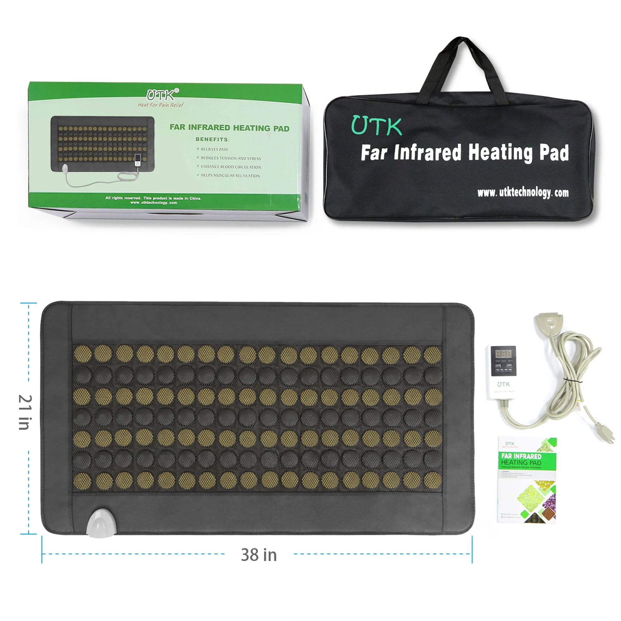 UTK 21" x 38" Tourmaline Stone Infrared Pain Relief Heating Mat w/ Remote, Black - Image 7