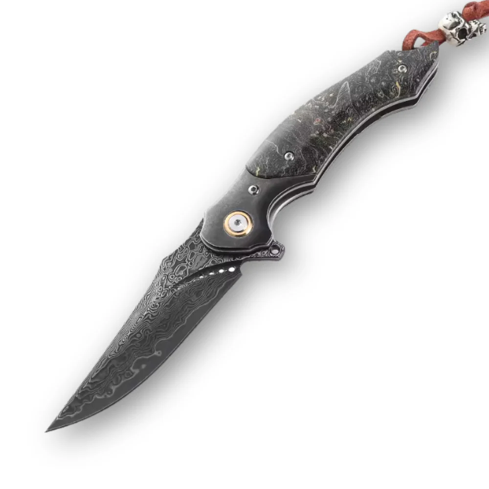 Venom Japanese Damascus Pocket Knife with Stained Maple Burl Wood Handle - Image 2