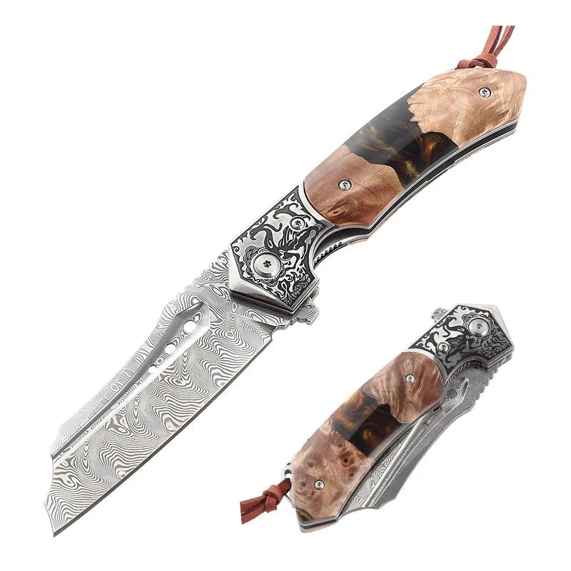 Volver Damascus Pocket Knife with Olive Burl & Resin Handle - Image 4