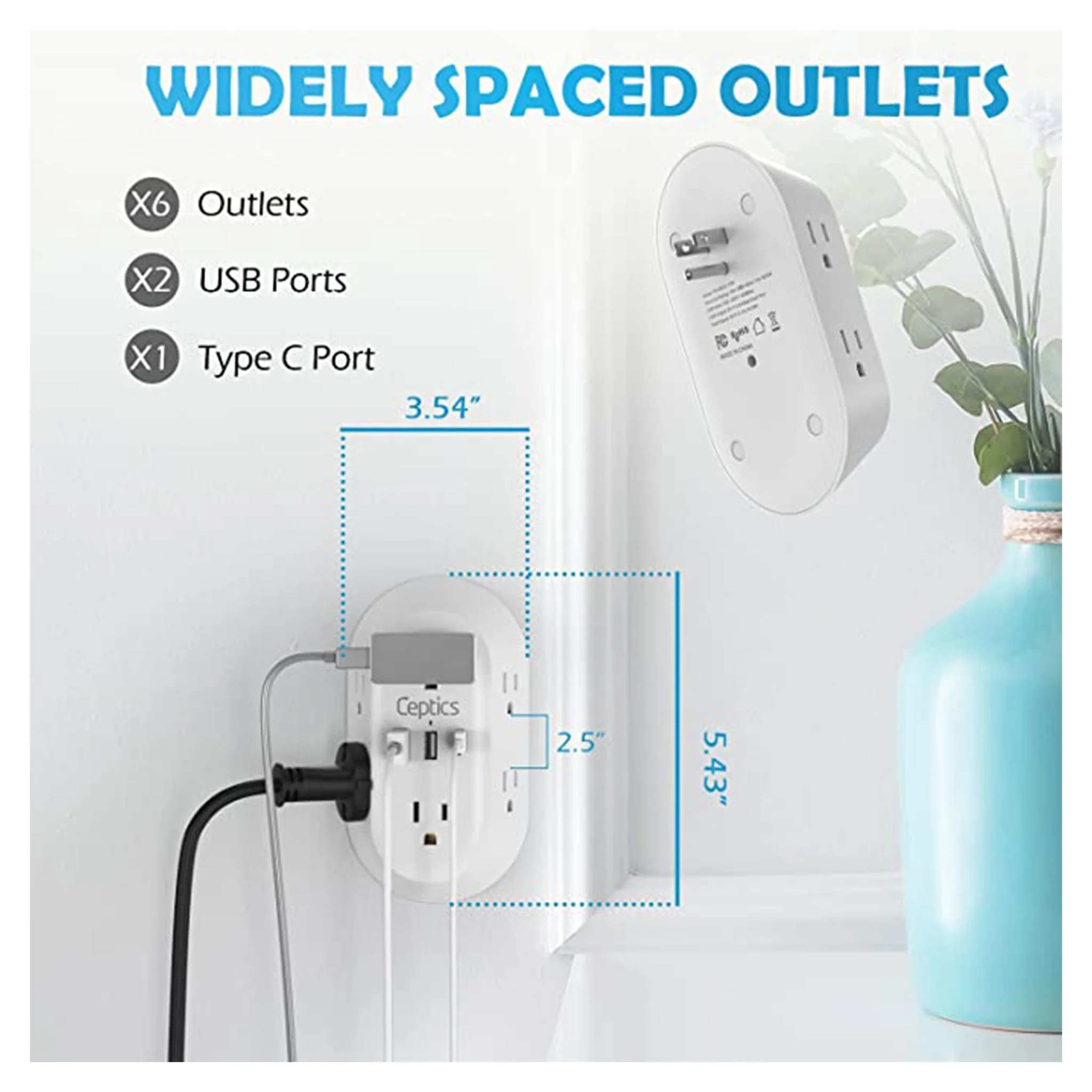 Wall Power Strip Charger by Ceptics - Small & Compact - Surge Protector 1800J - Grounded Dual USB - 6 USA Outlets Input (PS-6B-3U) - Image 6