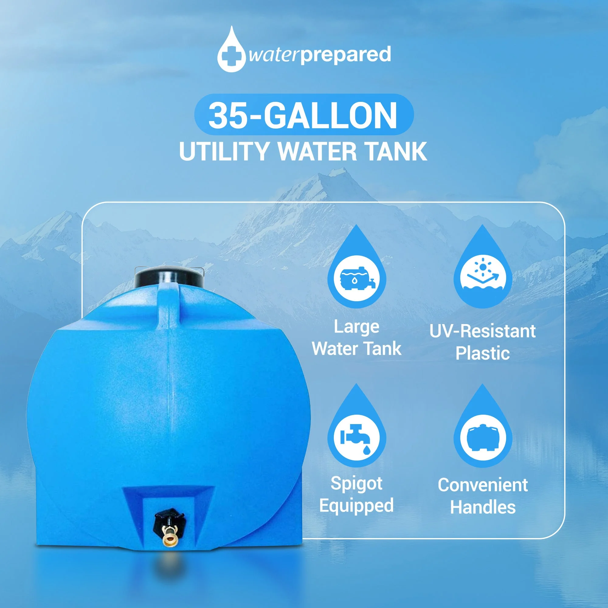 WaterPrepared 35 Gal Water Tank w/ Large Cap, Brass Spigot & Handles (2 Pack) - Image 2
