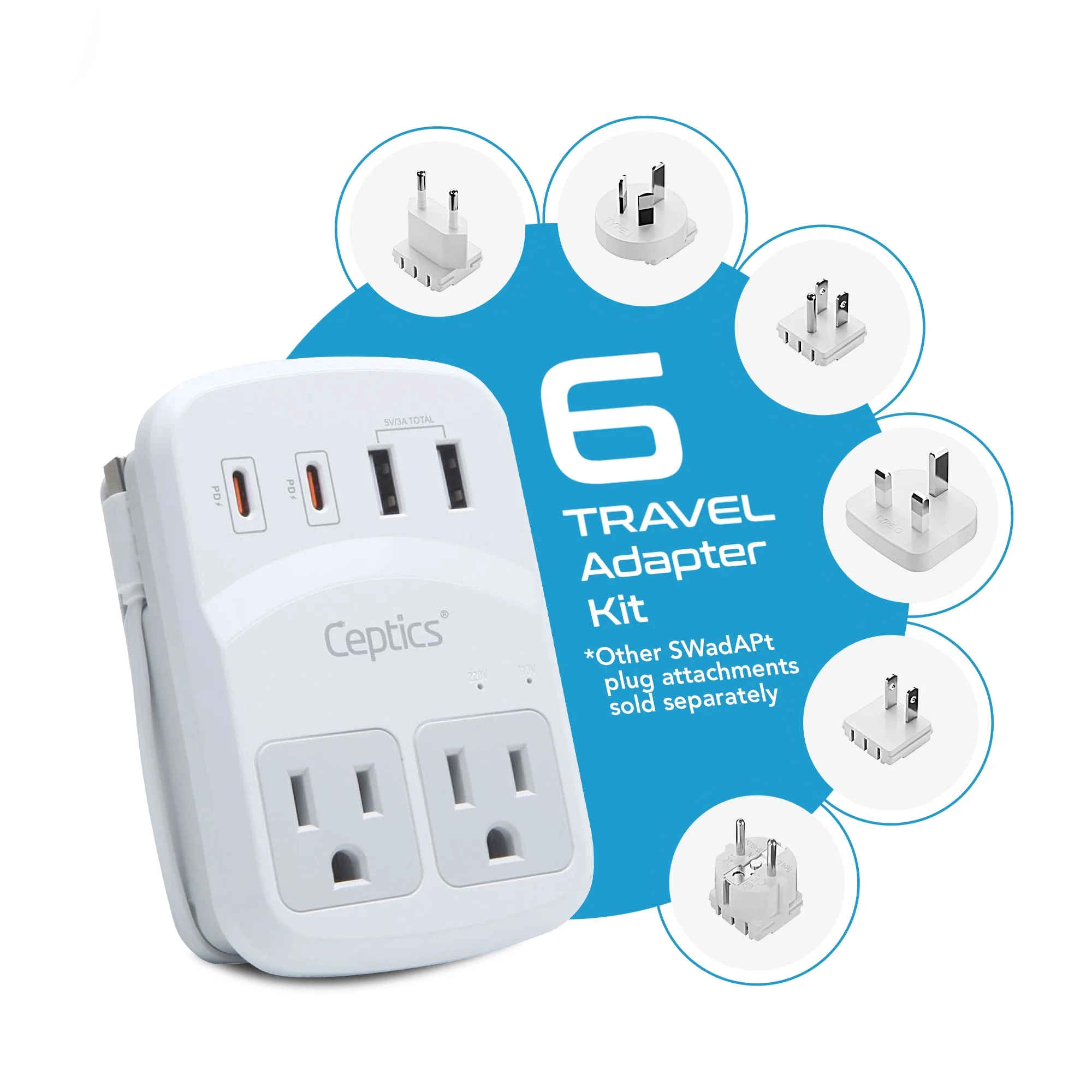 World-Way 6 Travel Adapter Kit | 2 USB-A + 2USB-C + 2 US Outlets - Grounded (WPS-5B) - Image 2