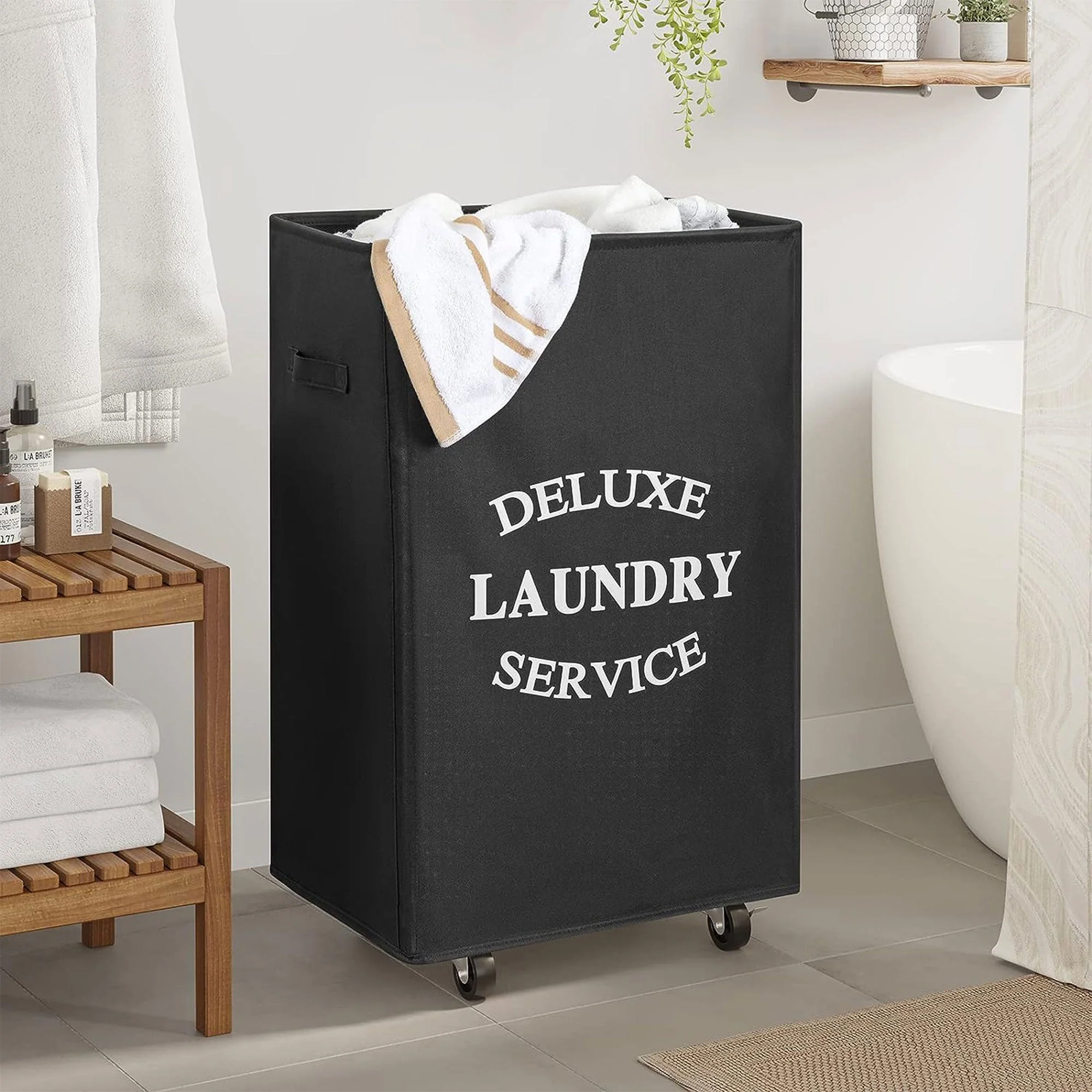 WOWLIVE 90L Foldable Rectangular Deluxe Laundry Service Rolling Basket, Black - Image 12