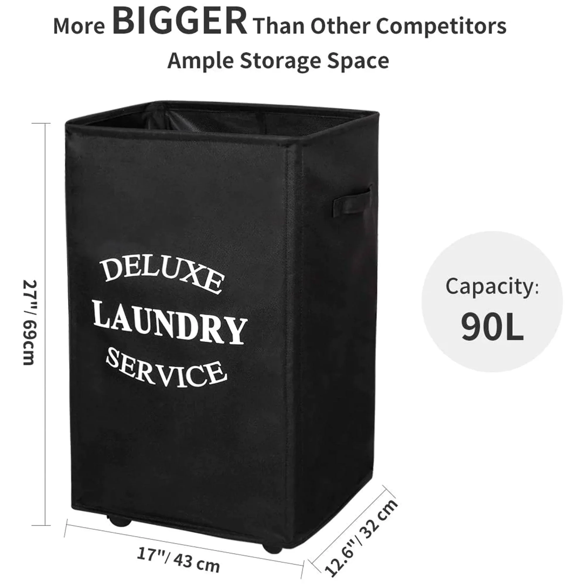 WOWLIVE 90L Foldable Rectangular Deluxe Laundry Service Rolling Basket, Black - Image 4