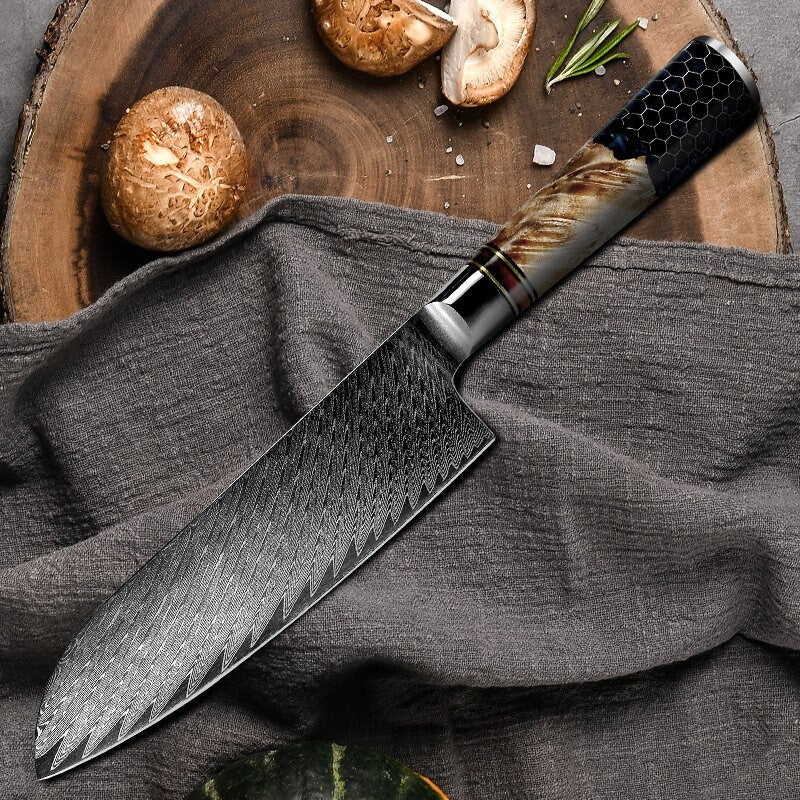 Yamato Damascus Chef Knife with Olive Wood & Resin Handle - Image 4