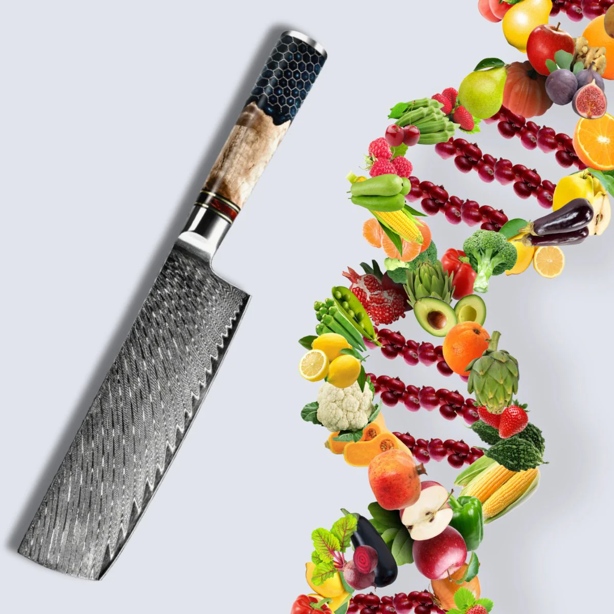 Yamato VG10 Damascus Nakiri – Olive Wood & Honeycomb Resin Handle