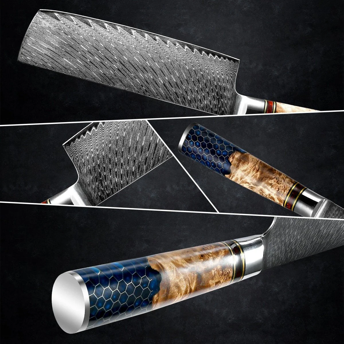 Yamato VG10 Damascus Nakiri – Olive Wood & Honeycomb Resin Handle - Image 2