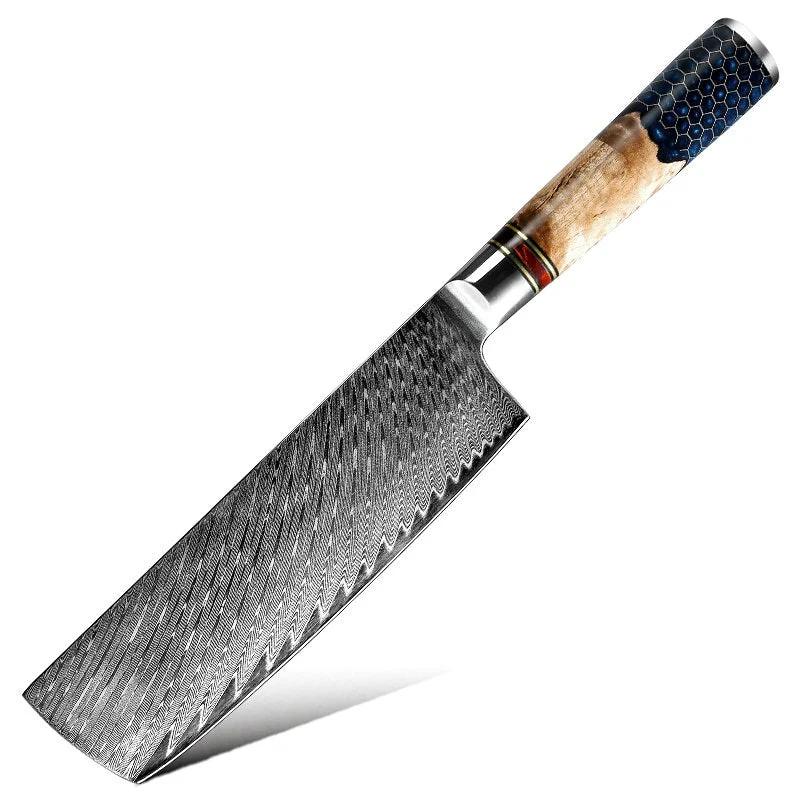 Yamato VG10 Damascus Nakiri – Olive Wood & Honeycomb Resin Handle - Image 3