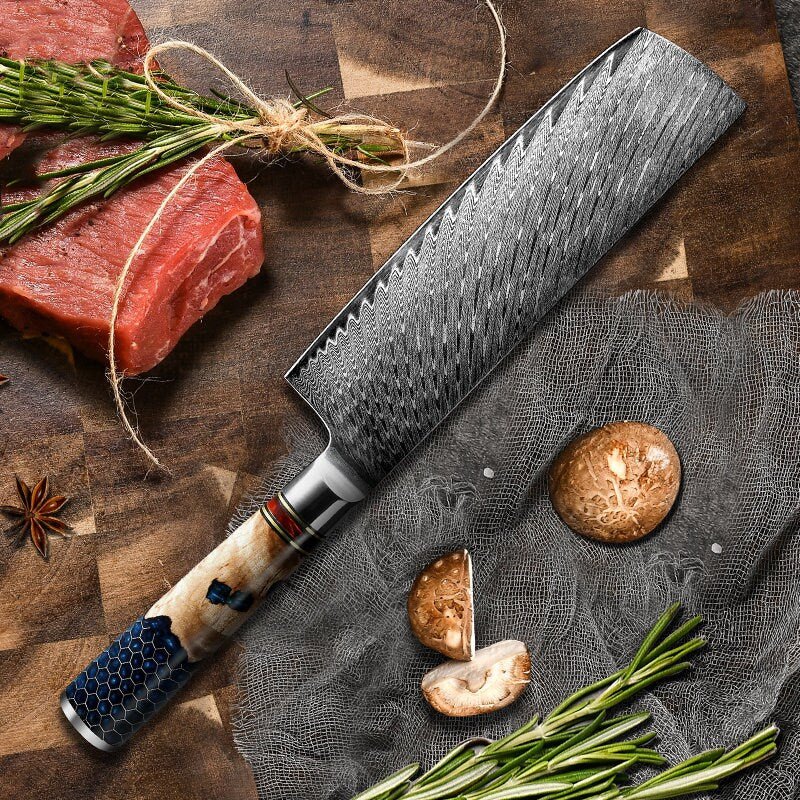 Yamato VG10 Damascus Nakiri – Olive Wood & Honeycomb Resin Handle - Image 4