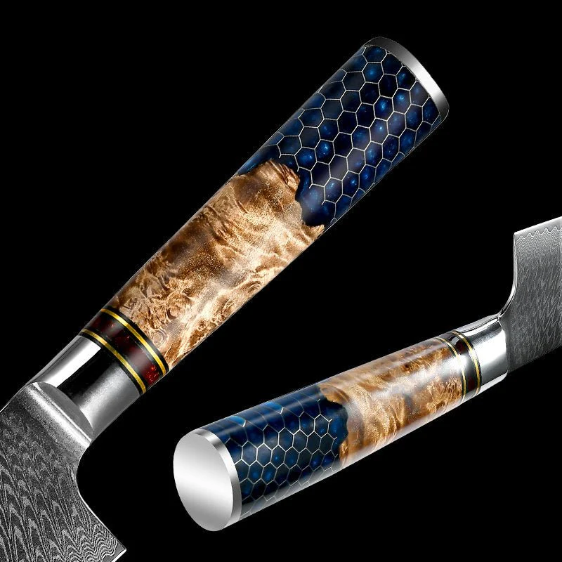 Yamato VG10 Damascus Nakiri – Olive Wood & Honeycomb Resin Handle - Image 5