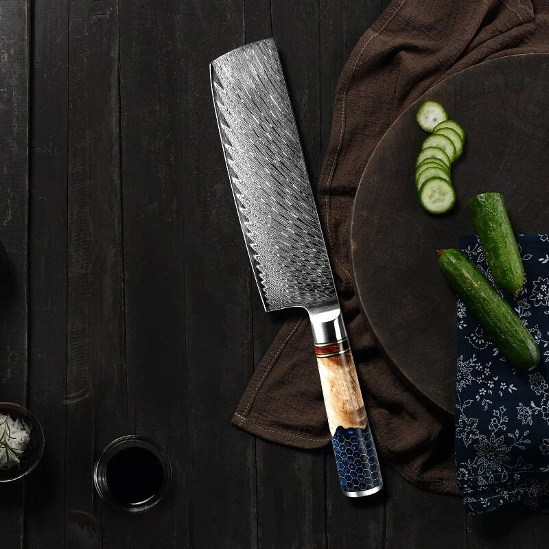 Yamato VG10 Damascus Nakiri – Olive Wood & Honeycomb Resin Handle - Image 6