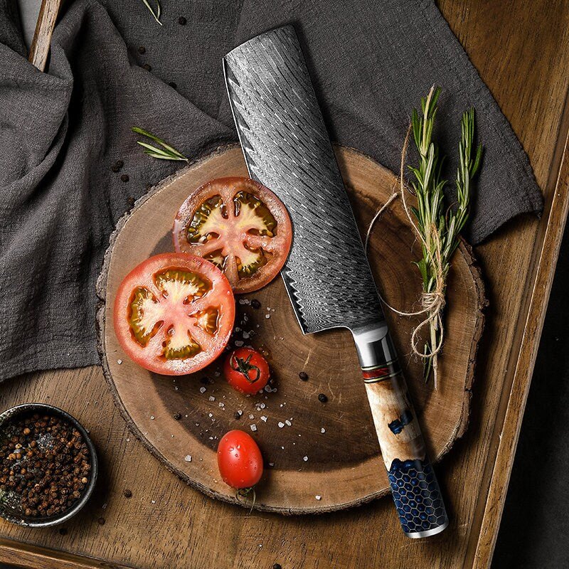 Yamato VG10 Damascus Nakiri – Olive Wood & Honeycomb Resin Handle - Image 8
