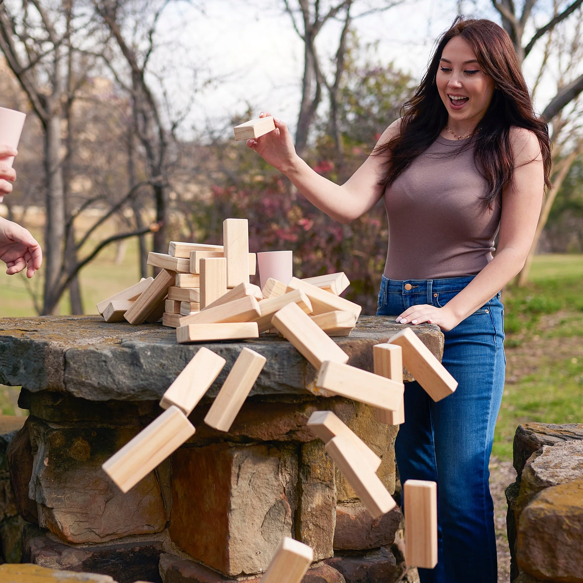 Yard Games Large Jr. Tumbling Timbers 21" Wood Block Stacking Game, Natural - Image 5