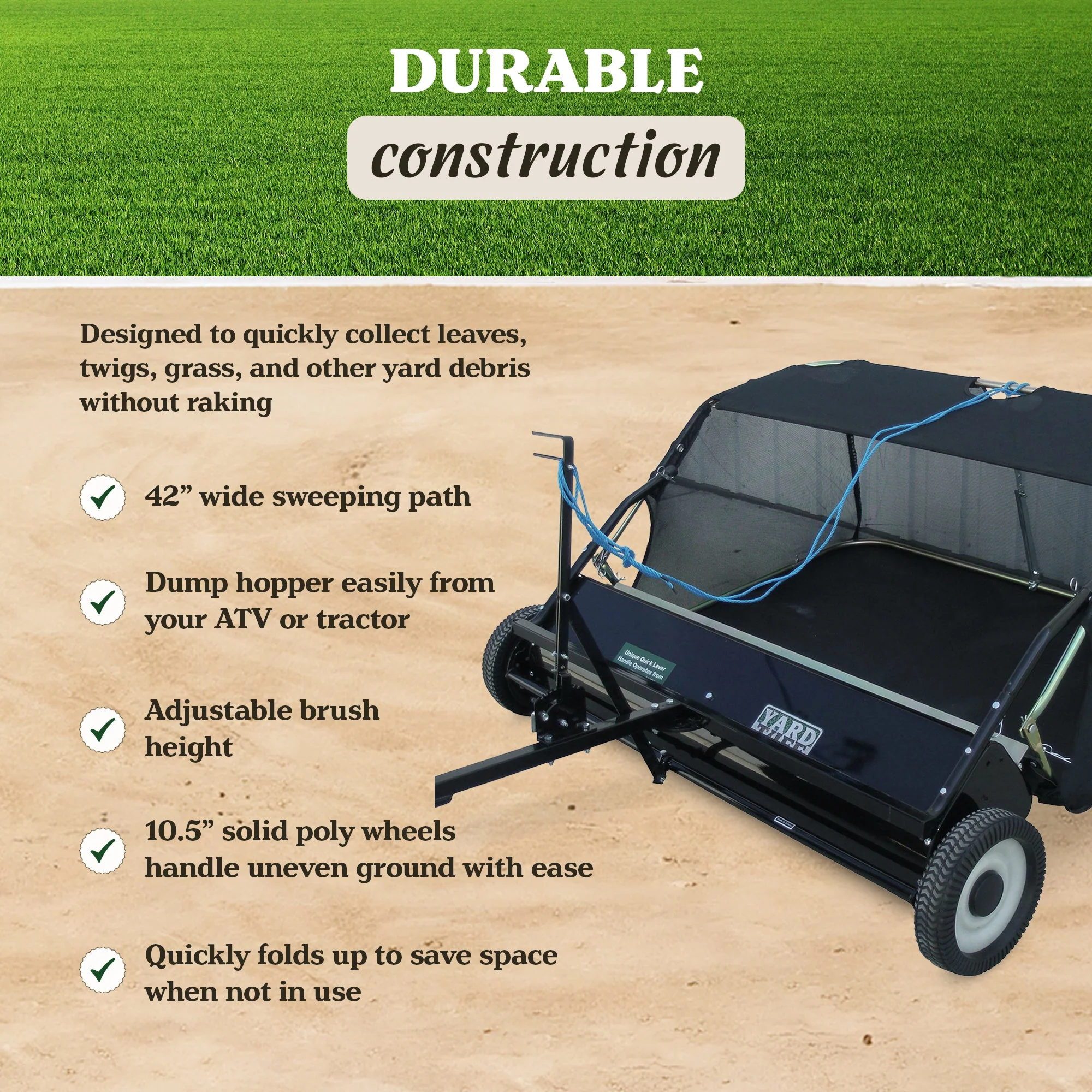 Yard Tuff 42" Quick Assembly Tow Style Lawn Sweeper for Debris, Leaves, & More - Image 3